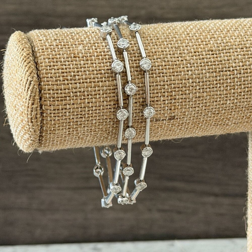 Three-Strand .925 Sterling Silver Bar Segment CZ 7" Bracelet Bridal Formal Prom